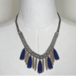 Kenneth Cole Fringe Bib Necklace Blue Stone Silver Tone Statement Boho